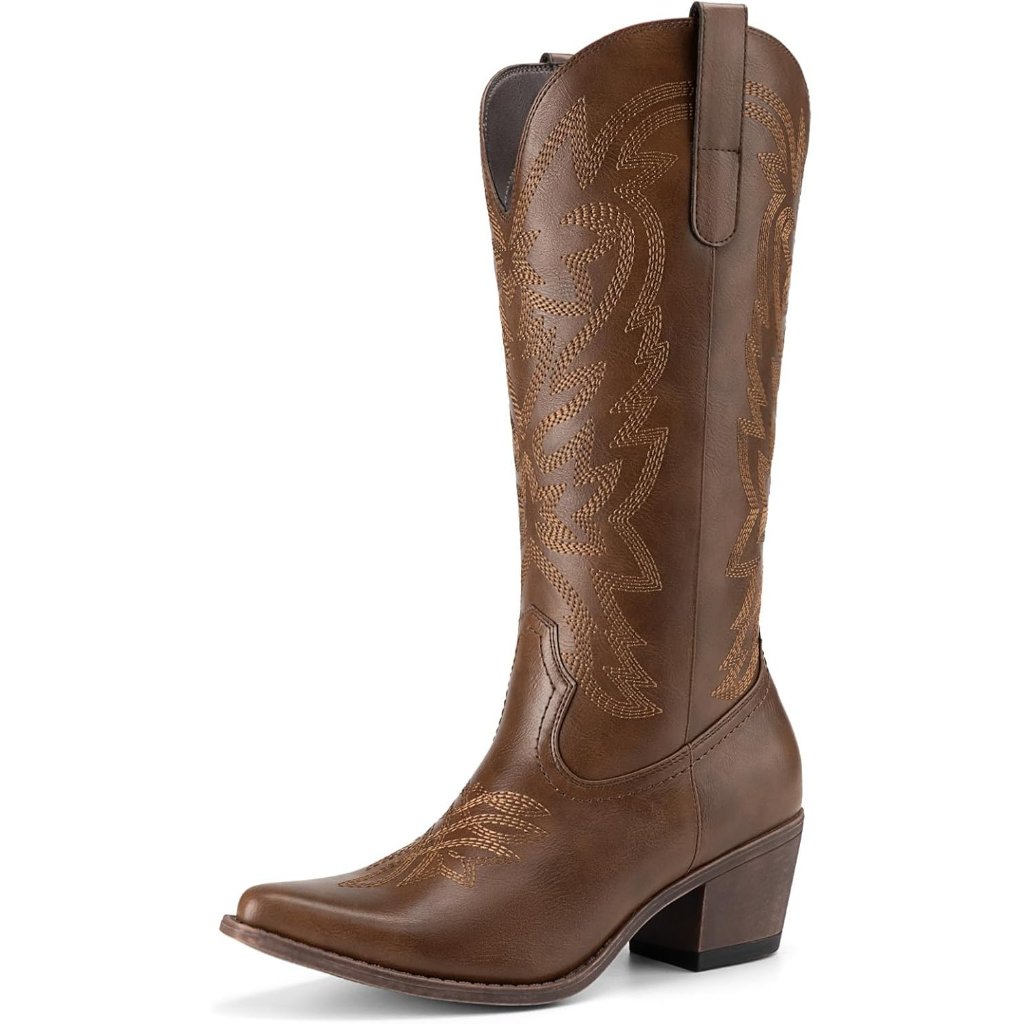 Women Brown Fashion Low Chunky Heel Snip Toe Embroidery Western Mid Calf Boots